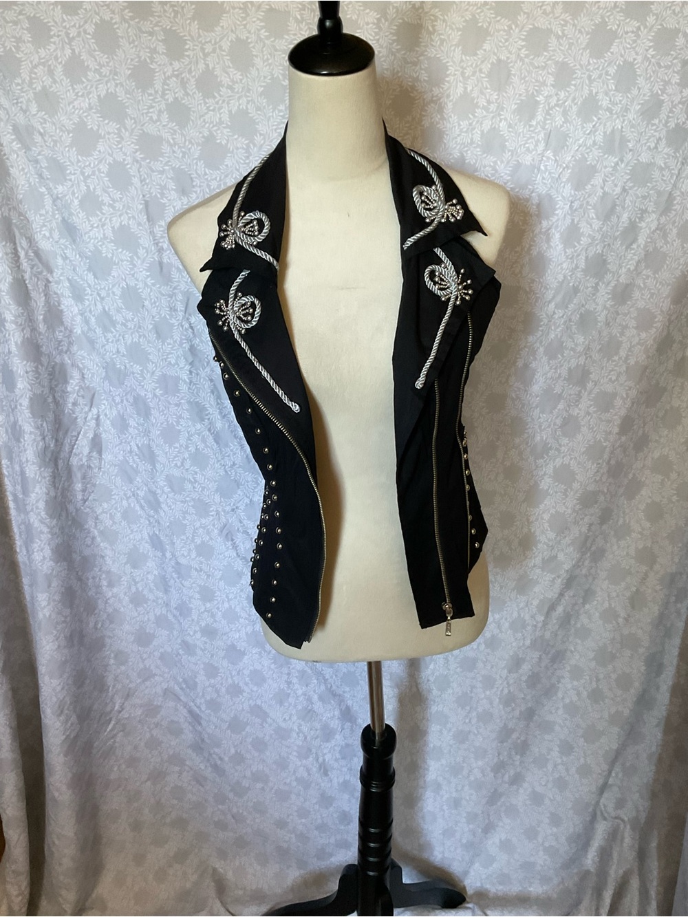 Black Studded Halter Zip Corset Top with Silver Embroidery - Picture 2 of 8